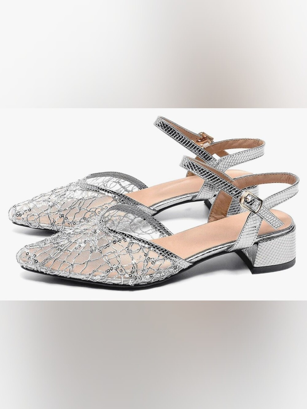 NWOT Silver Mesh Pointed-Toe Block Heel Slingback Flats
